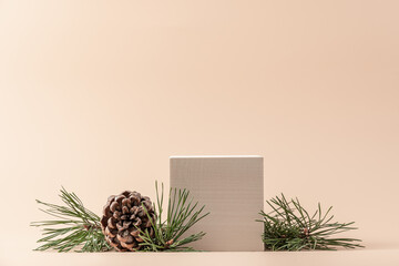 Wooden cube podium with branches of green spruce and cone on beige background. Concept scene stage...