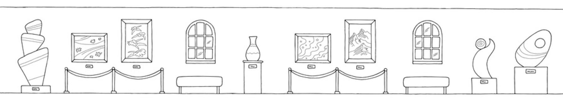 Museum interior graphic black white long sketch illustration vector 
