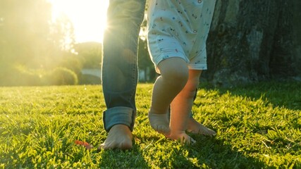 Walking children's bare feet on a green lawn close-up. Child learns to take the first steps on the grass. Baby learns to walk with the help of his mother on a green grass in the park.
