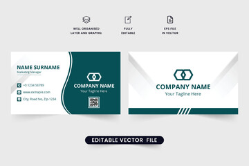 Double-sided visiting card template design with dark green color. Modern business card vector with abstract shapes. Professional business identity card design for personal uses. Visiting card vector.