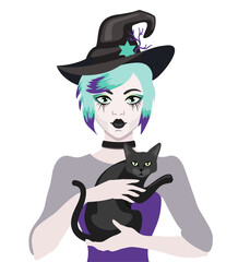 Young witch wearing typical witch hat holding a black cat. Cute Halloween girl. Makeup and witch costume. Halloween, magical, mystic illustration for merch, decor, card