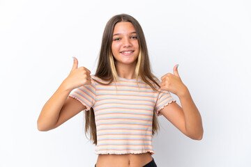 Fototapeta na wymiar Little caucasian girl isolated on white background giving a thumbs up gesture