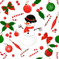  Seamless pattern of Christmas elements and a snowman in a simple style.