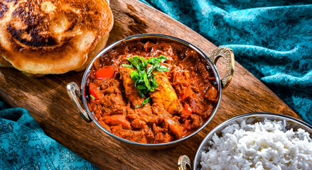 Butter chicken with rice and naan bread served in karahi pots