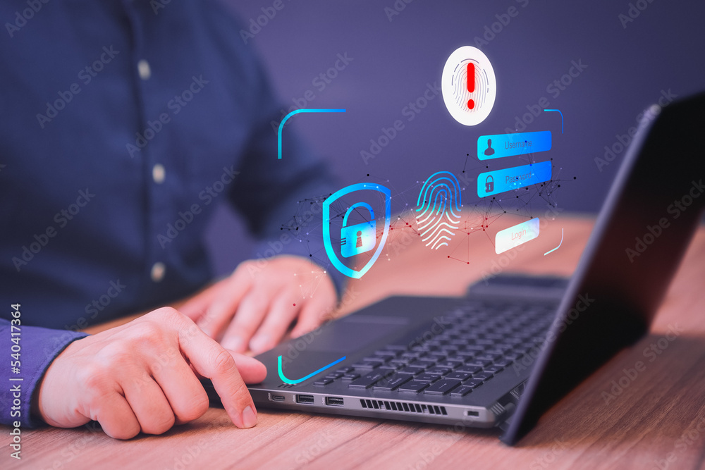 Leinwandbilder Man typing login and password, cyber security concept, Secure encryption and access to the user's private information to access the Internet. Exclamation mark.