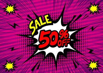 50Percent OFF Discount on a Comics style bang shape background. Pop art comic discount promotion banners.	