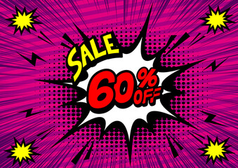60Percent OFF Discount on a Comics style bang shape background. Pop art comic discount promotion banners.	