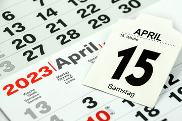 Deutscher Kalender Datum 15. April  2023 Samstag
