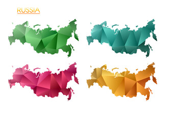 Set of vector polygonal maps of Russia. Bright gradient map of country in low poly style. Multicolored Russia map in geometric style for your infographics. Beautiful vector illustration.