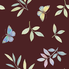 Obraz premium Abstract botanical pattern. Watercolor butterflies and leaves seamless ornament for design.