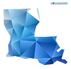 Vector polygonal Louisiana map. Vibrant geometric us state in low poly style. Superb illustration for your infographics. Technology, internet, network concept.