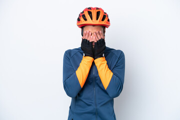 Young cyclist caucasian man isolated on white background with tired and sick expression