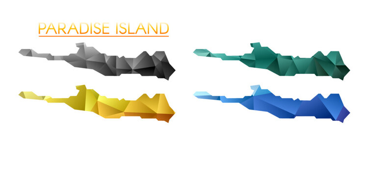 Set of vector polygonal maps of Paradise Island. Bright gradient map of island in low poly style. Multicolored Paradise Island map in geometric style for your infographics.