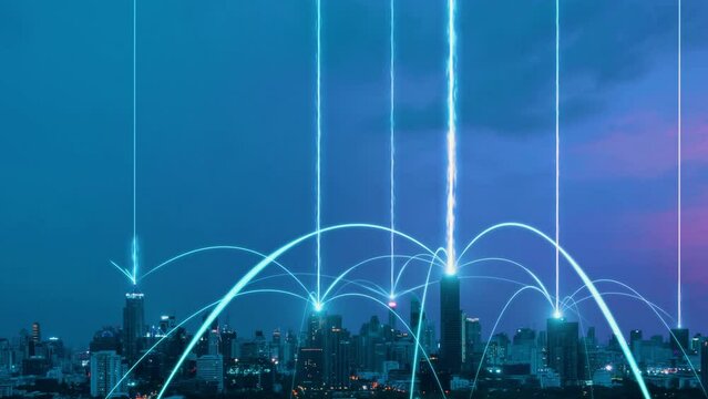 Smart digital city with connection network reciprocity over the cityscape . Concept of future smart wireless digital city and social media networking systems that connects people within the city .