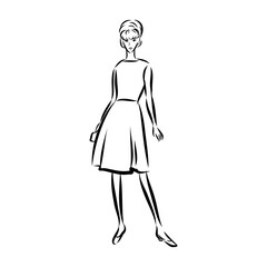 Black and white fashion woman, redhead model with boutique logo background. Hand drawn vector illustration