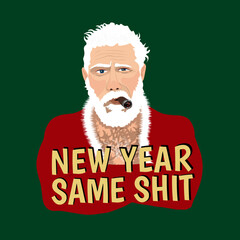 Bad cool old Santa Claus with beard in a fur coat with a hat. Gold glitter sticker print. Congratulation New Year 2023
