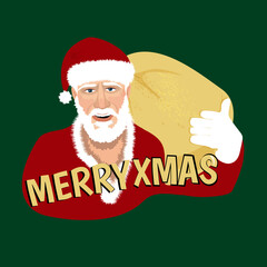 Bad cool old Santa Claus with  beard in a fur coat. Gold glitter sticker print. Sack of money. Congratulation Merry Xmas.