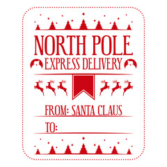 North pole express delivery. Xmas design for a personalized gift bag from Santa Claus. Template for christmas handmade gifts. Vector illustration.