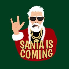 Bad cool old Santa Claus with  beard in a fur coat. Gold glitter sticker print. Congratulation Merry Christmas Santa is coming
