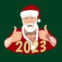 Bad cool old Santa Claus with  beard in a fur coat with a hat. Gold glitter sticker print. Congratulation New Year 2023