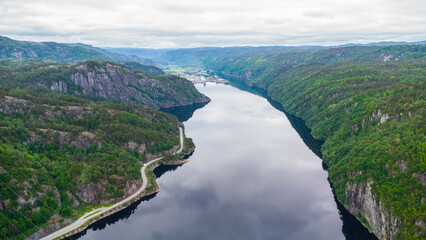 Aerial view of the Fedafjorden fjord in Norway