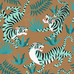 Fototapeta na wymiar Vector poster set of tigers and tropical leaves. Trendy illustration.
