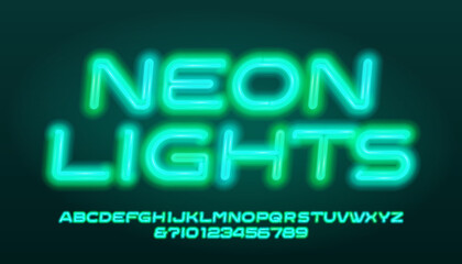 Neon Lights alphabet font. Neon oblique letters and numbers. Stock vector typeface for your design.