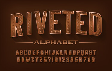Riveted alphabet font. Steampunk rusty letters and numbers. Stock vector typeface for your design.