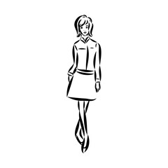 Black and white fashion woman, redhead model with boutique logo background. Hand drawn vector illustration