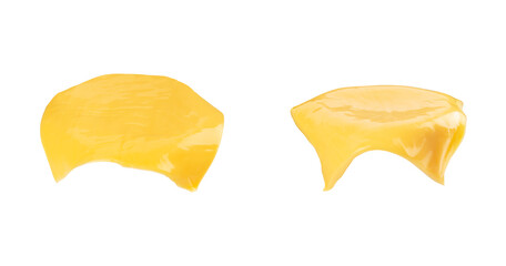 Burger cheese isolated on white background. Flying cheese with shadow. Cheese drips off any round...