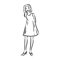 Black and white fashion woman, redhead model with boutique logo background. Hand drawn vector illustration