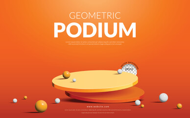 Geometric two step product display, orange podium with ball on orange background, vector illustration - obrazy, fototapety, plakaty
