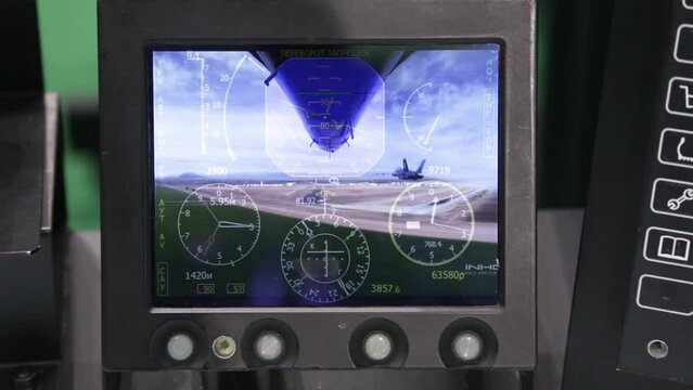 High tech system and new idea for education with modern design. Aviation emulator monitor at the exhibition.