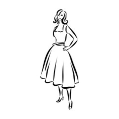 Black and white fashion woman, redhead model with boutique logo background. Hand drawn vector illustration