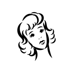 Womans face. Sketch. The head of the girl in full face. Vector illustration. Haircut for medium hair-cascade. Plump lips. Lady with heterochromia. One eye is blue, the other brown. Female portrait.