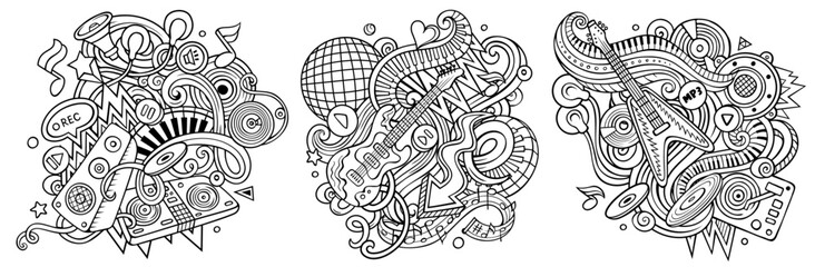 Disco music cartoon vector doodle designs set.