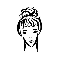 Womans face. Sketch. The head of the girl in full face. Vector illustration. Haircut for medium hair-cascade. Plump lips. Lady with heterochromia. One eye is blue, the other brown. Female portrait.