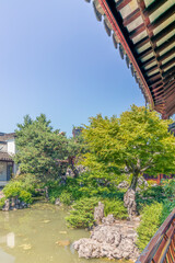 Architectural details of a classical Chiense garden in Vancouver in summer