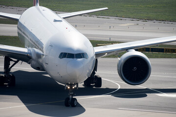 Jumbo jet airplane airport tarmac closeup concept