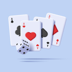 3d illustration of plaing cards, aces with dice cube, casino promo icon