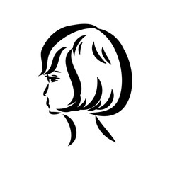 Womans face. Sketch. The head of the girl in full face. Vector illustration. Haircut for medium hair-cascade. Plump lips. Lady with heterochromia. One eye is blue, the other brown. Female portrait.