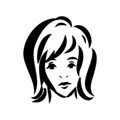 Womans face. Sketch. The head of the girl in full face. Vector illustration. Haircut for medium hair-cascade. Plump lips. Lady with heterochromia. One eye is blue, the other brown. Female portrait.