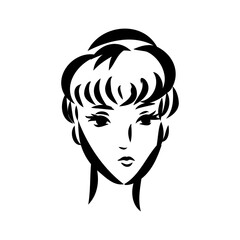 Womans face. Sketch. The head of the girl in full face. Vector illustration. Haircut for medium hair-cascade. Plump lips. Lady with heterochromia. One eye is blue, the other brown. Female portrait.