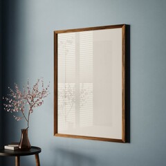 Vertical wood frame mockup in living room interior with light reflection. 3d rendering, 3d illustration