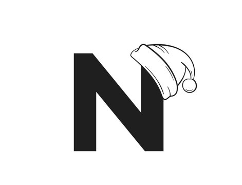 letter n with santa claus hat. initial letter for Christmas and New Year text design. isolated vector image
