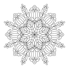Abstract mandala, centerpiece or whimsical snowflake line art design or coloring page

