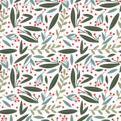 Green Leaves and Red Berries Winter Christmas Seamless Pattern Background