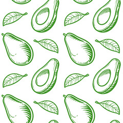 Avocado, seamless pattern. Vector illustration of an avocado isolated on a white background.