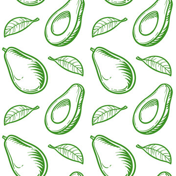 Avocado, seamless pattern. Vector illustration of an avocado isolated on a white background.