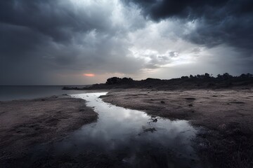 Fototapeta premium A lonely overcast beach. Gloomy mood. 